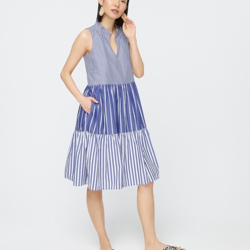 J.Crew Sleeveless Tiered Popover Dress in Mixed Stripe